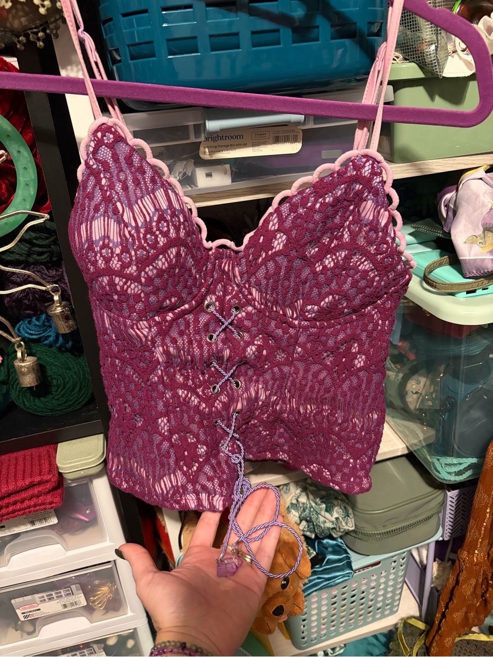 meraki Purple Lace Corset-Style Tank Top with Pink Trim hand dyed